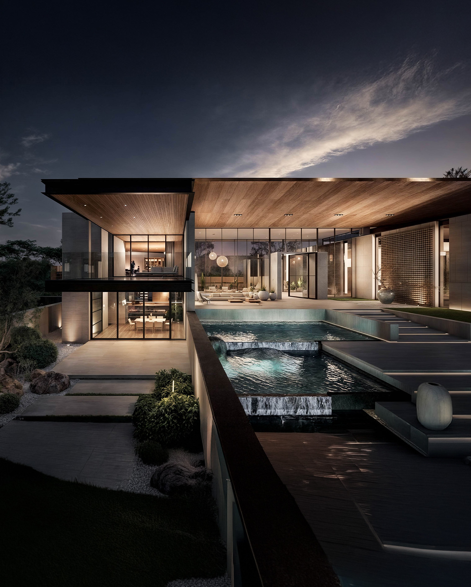 Pool & Living Spaces at Night